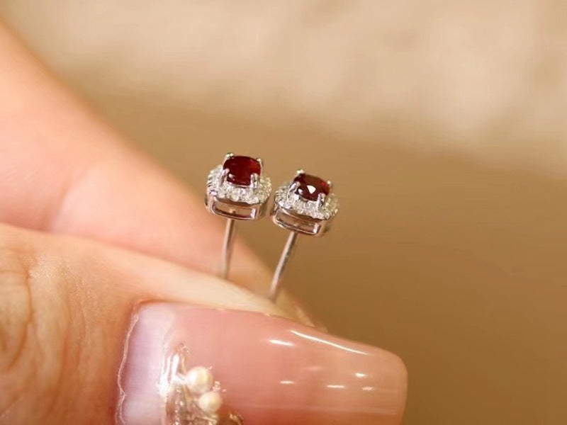 Real Gold Natural Ruby Diamond Stud Earrings Pigeon Blood Red Color